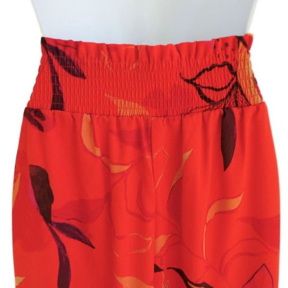 Red Floral High Rise Wide Leg Pants Pull On Smocked Elastic Waistband Pleated M - Picture 4 of 6